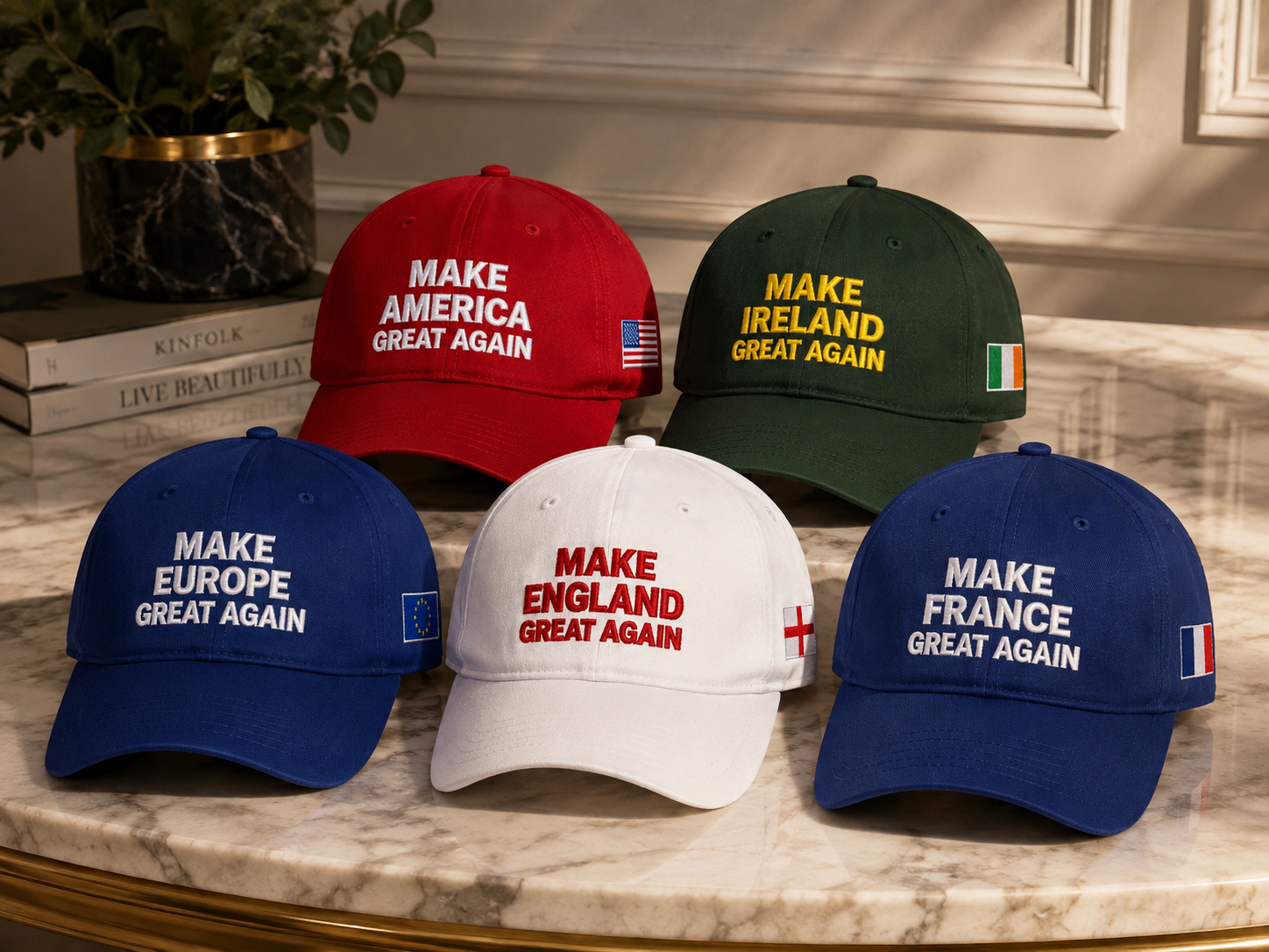 The MYCGA collection: America, Ireland, Europe, England and France embroidered caps arranged on a marble table