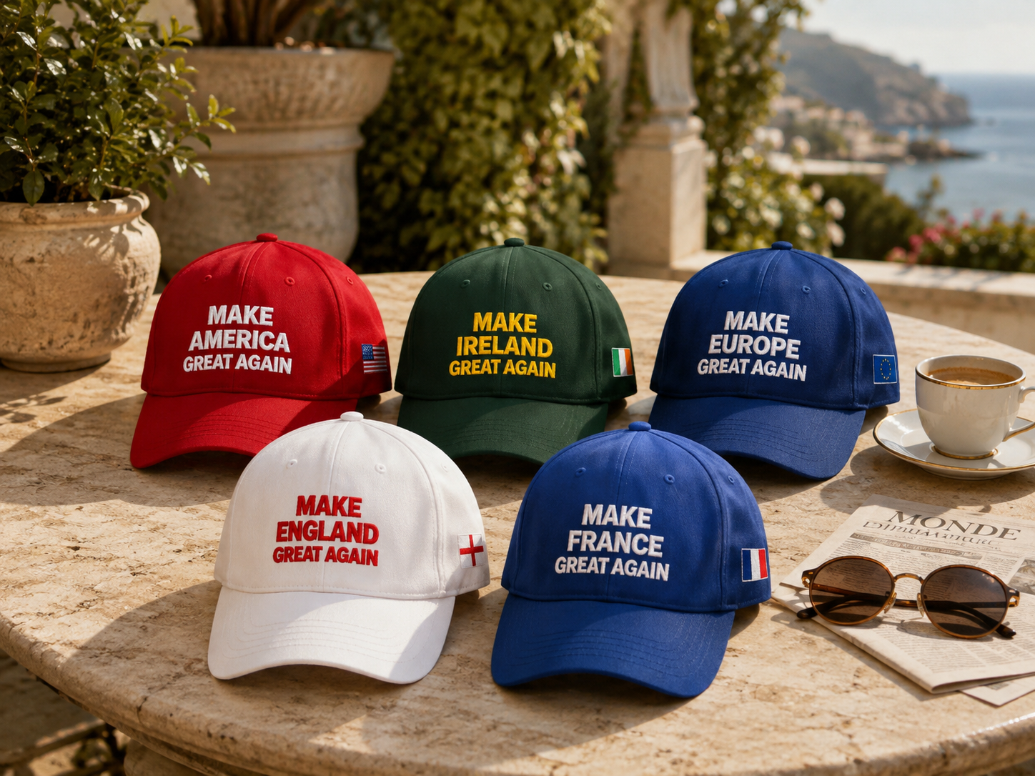The America, Ireland, Europe, England and France embroidered caps arranged together on an outdoor table