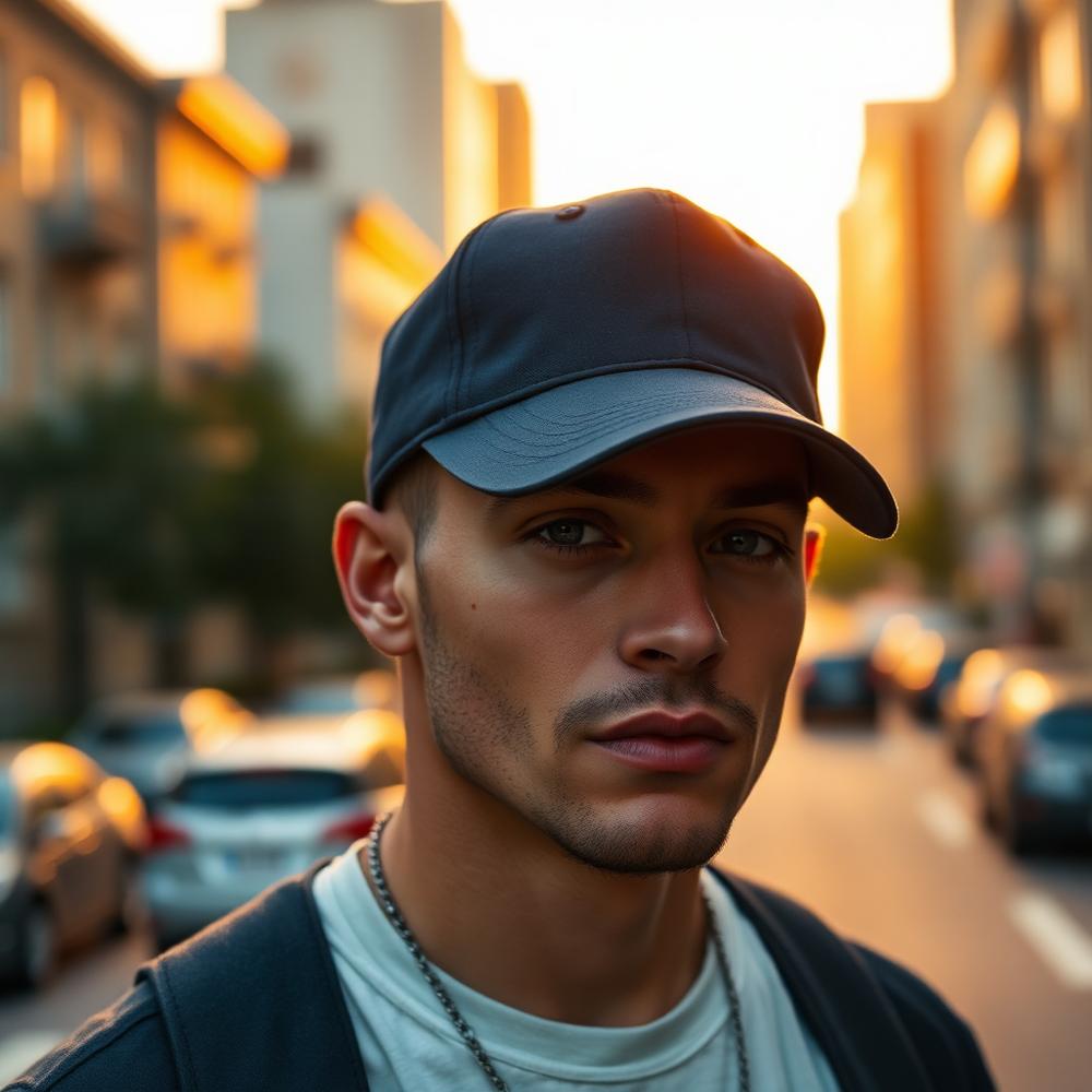 Man wearing a navy embroidered cap on a city street