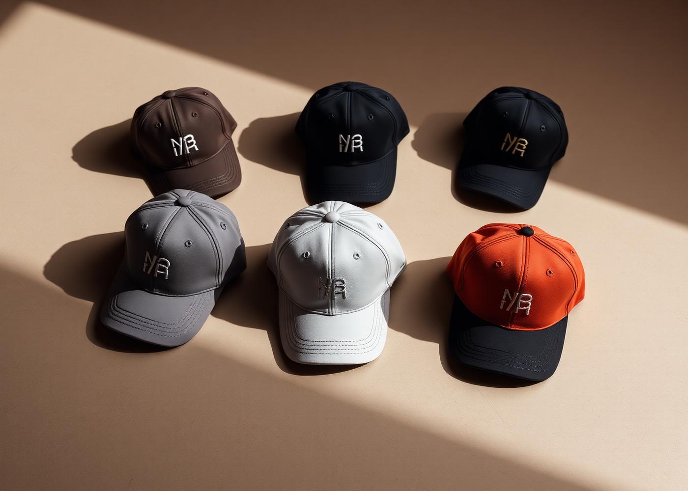 Premium embroidered caps arranged in a studio setting